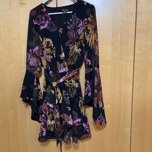 Dress Black With Oriental Gold, Red, Brown Flowers and Foliage Size 14